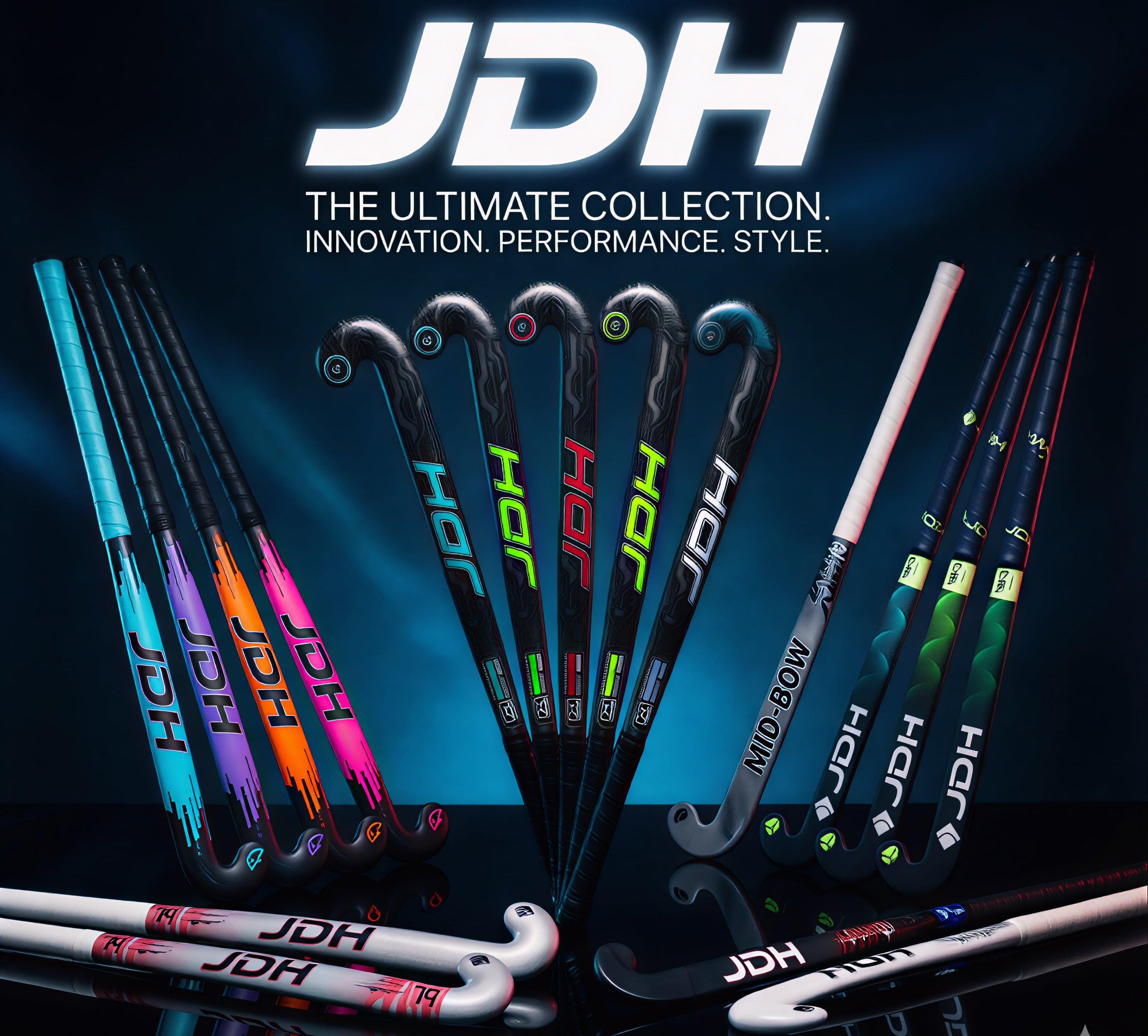 Collection of JDH hockey sticks with colorful designs on a dark background
