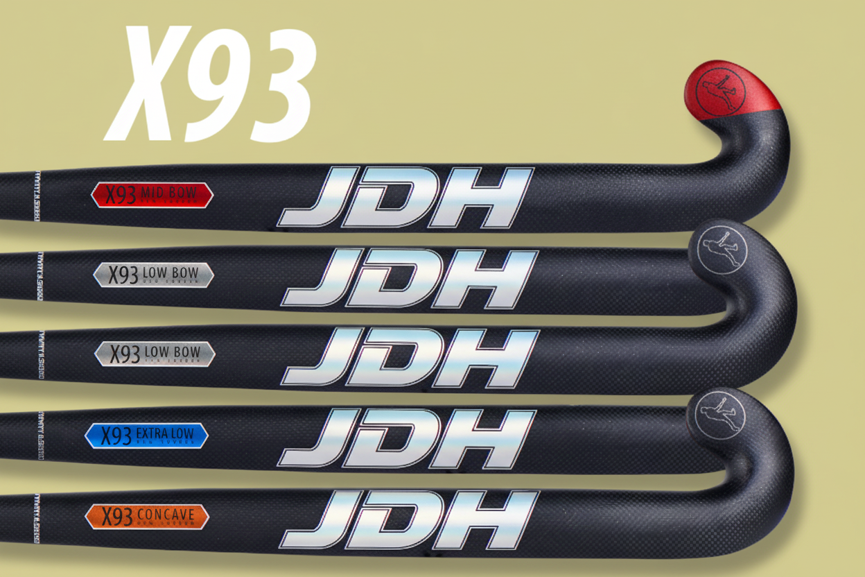 JDH X93 field hockey sticks in different bow types (Mid-Row, Low Bow, Hurlown, Concave) arranged vertically on a beige background with 'X93' written in large white text.