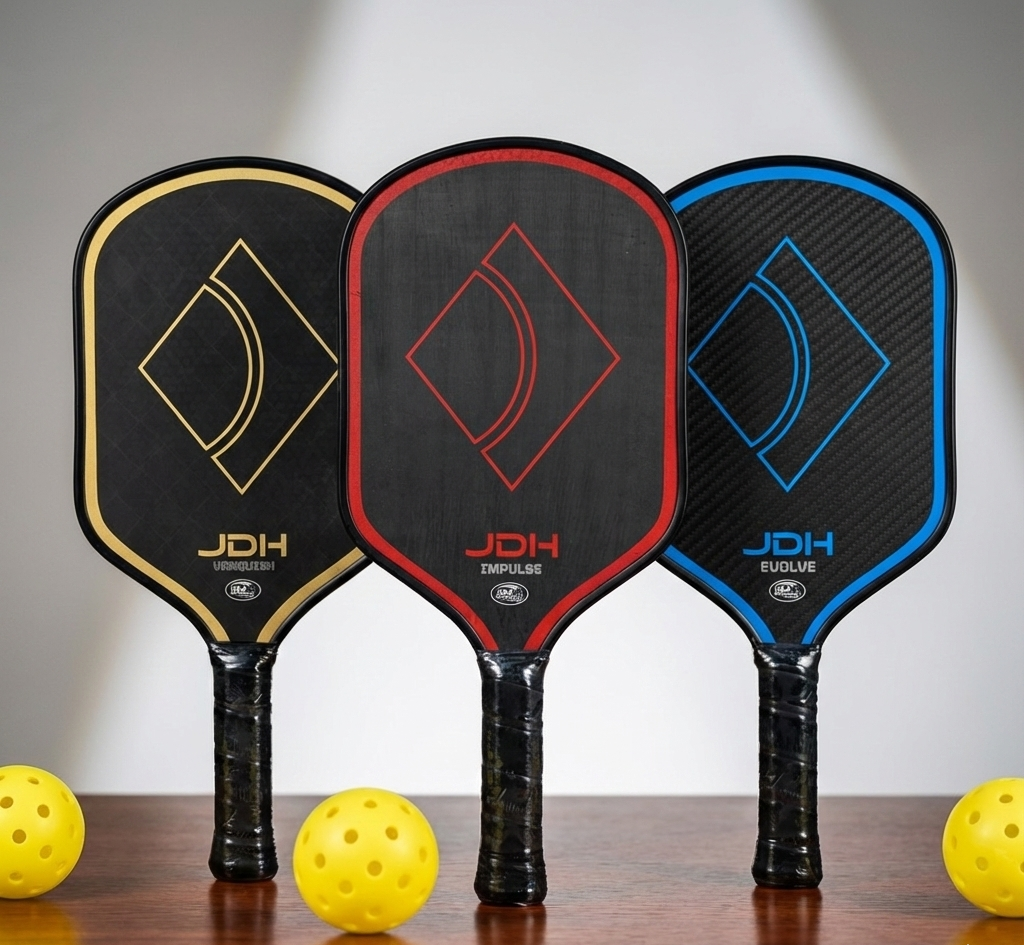 Three pickleball paddles with different color designs on a wooden surface with yellow balls.
