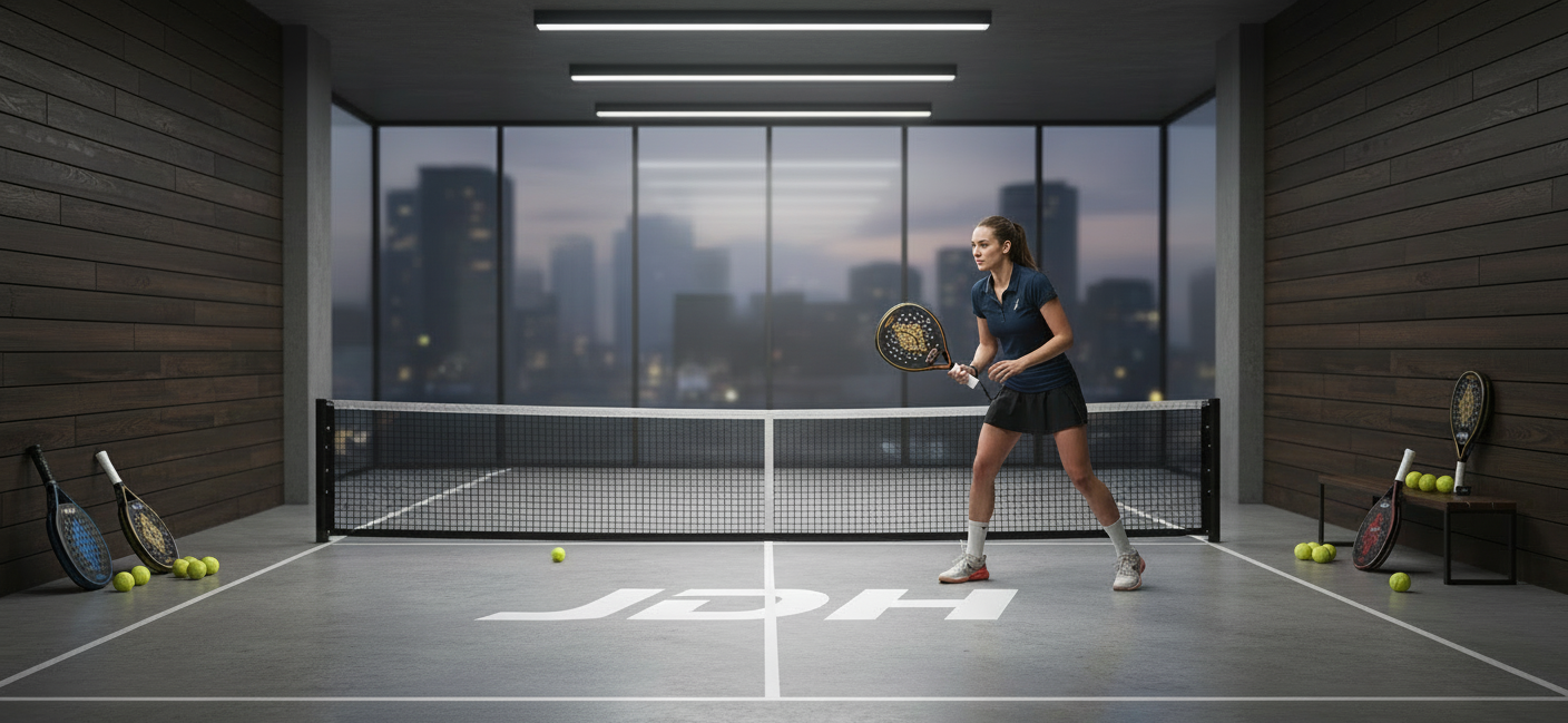 Two people playing paddle tennis in a modern indoor court with cityscape view.