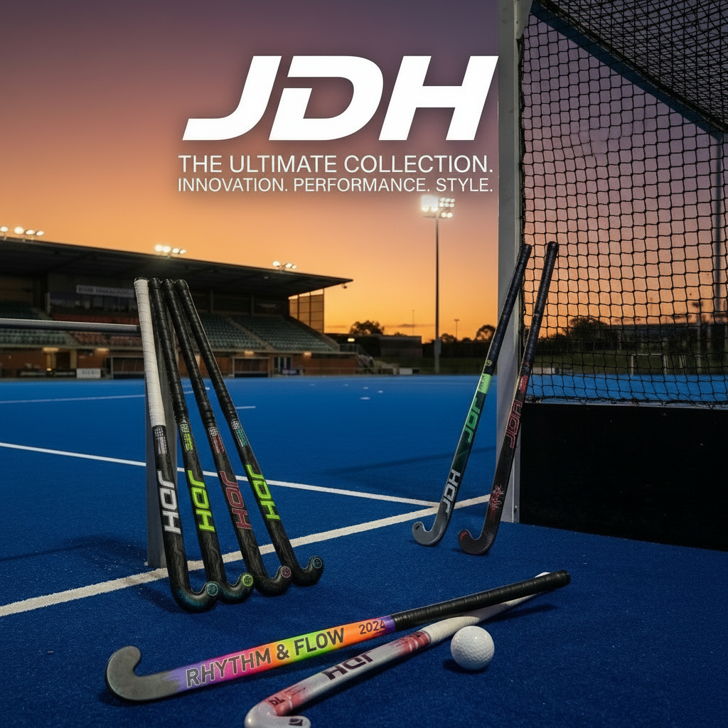 Hockey sticks and ball on a blue field with JDH branding