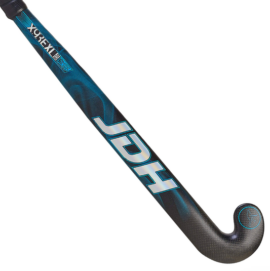 A close-up diagonal shot of a Rosh X-Celly Pro 2 field hockey stick on a solid white background, showing the blue and black shaft with white branding and the textured black carbon-fiber toe cap.