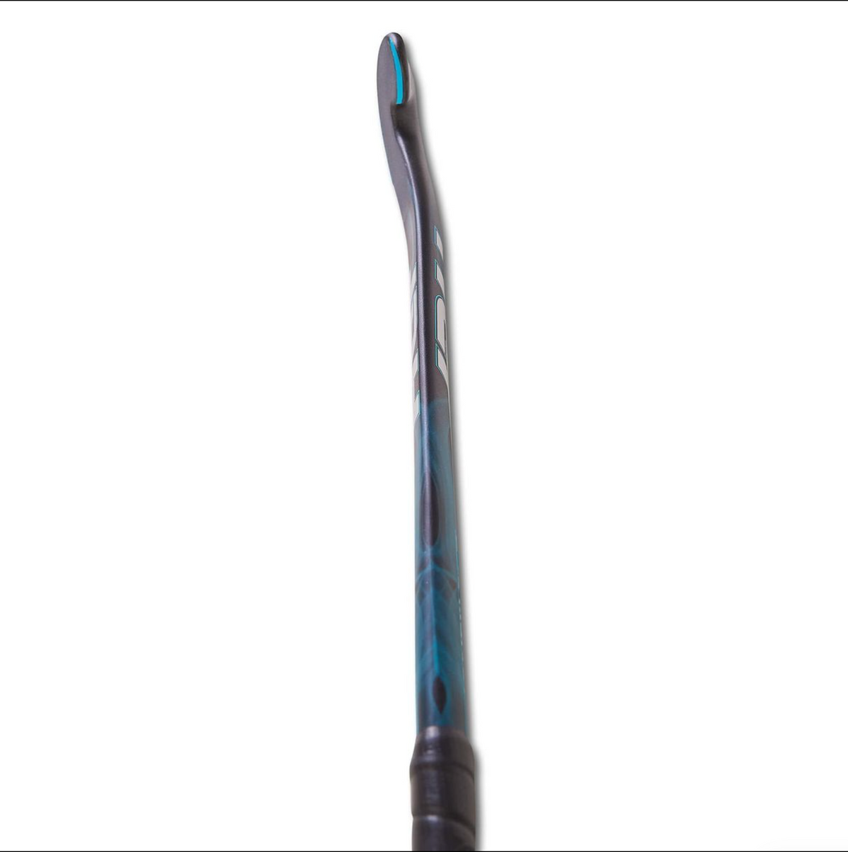 A close-up of a hockey stick blade tip showing the blue and black composite construction with a small teal accent, isolated on a white background.
