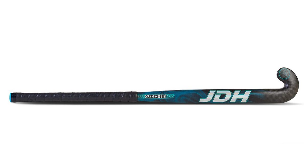 A black JDH曲棍球杆 with blue and white graphics and a textured grip, shown horizontally against a plain white background.
