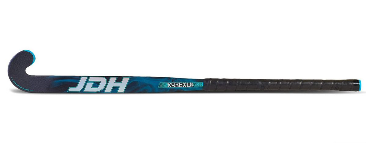A JDH field hockey stick on a plain white background, featuring a dark blue and black blade with white and blue branding, and a black textured grip handle.