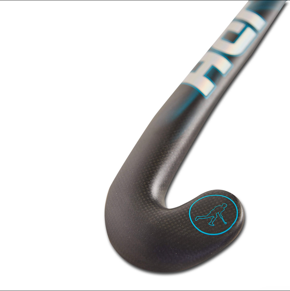 Close-up of a black carbon-fiber hockey stick blade with a blue outline of a hockey player icon on the toe, against a white background.