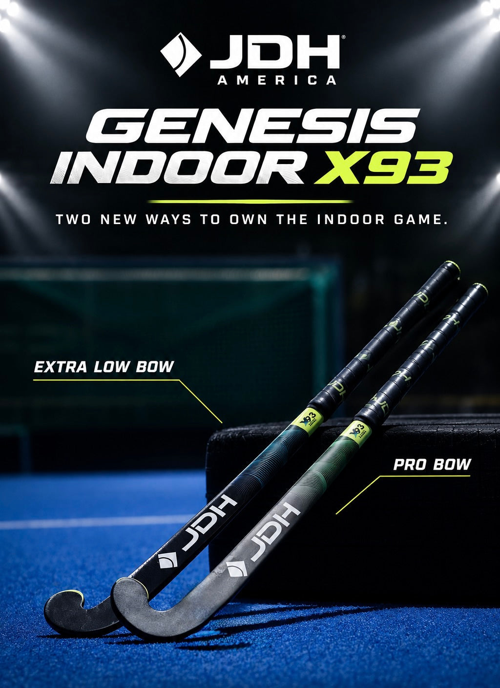 Promotional graphic for the JDH America Genesis Indoor X93 hockey sticks, showing two sticks labeled 'Extra Low Bow' and 'Pro Bow' on a blue turf background with dramatic lighting and 'Coming Soon' text.